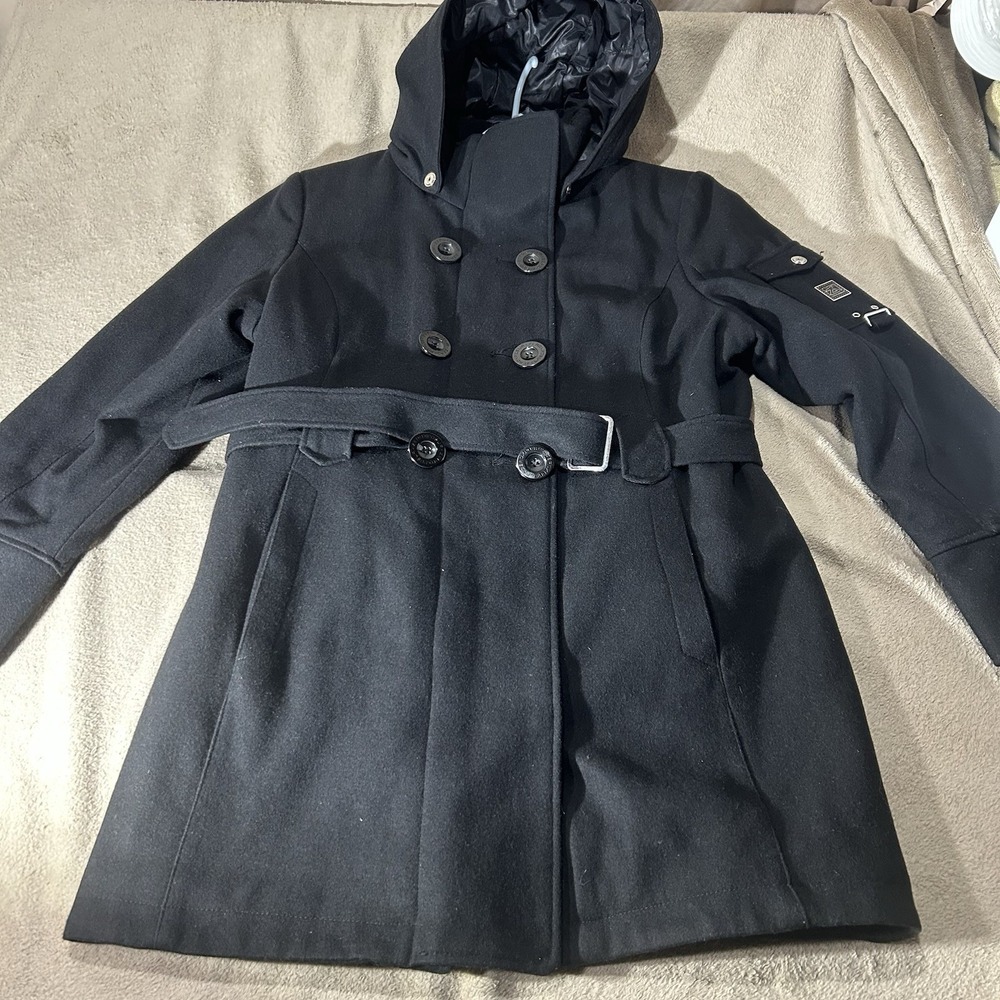 ZeroXposur Black Wool Double Breasted Hooded Peacoat Belted Jacket Womens XL